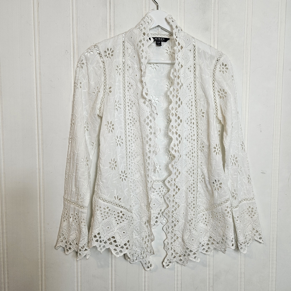 Lauren Ralph Lauren White Lace Eyelet Embroidered Open-Front Duster PS P - Picture 2 of 13
